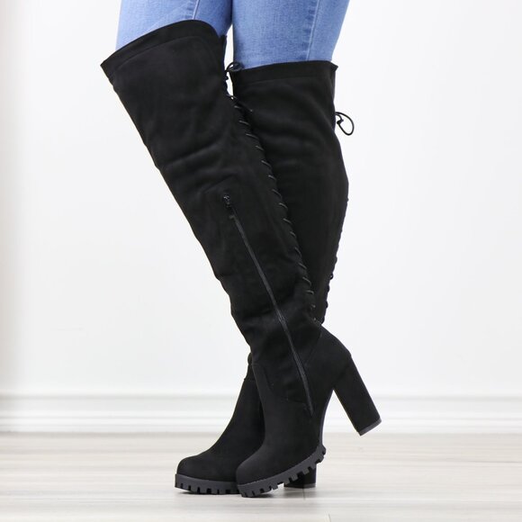 Full Lace-Up Back Black Faux Suede Thigh High Over The Knee Lug Block Heel Boots - Picture 10 of 14